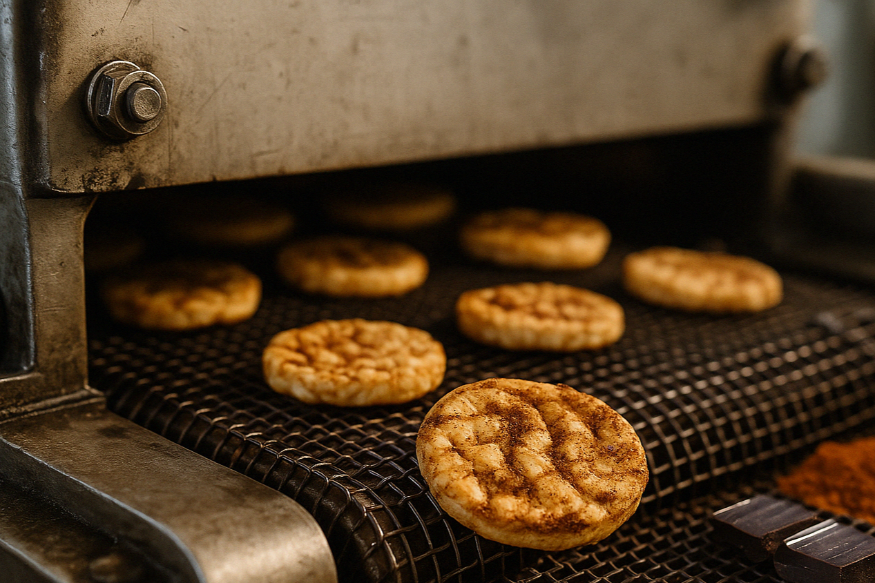 Continuous tunnel oven for baking healthy snacks such as oat or amaranth cookies. Large-scale production with quality control, ideal for export or national distribution across Latin America.