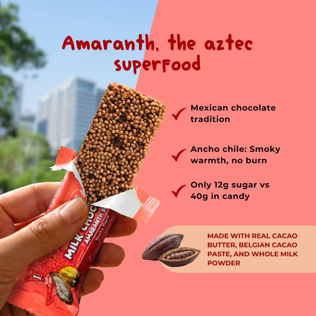 Hand holding Nutriwell amaranth milk chocolate bar with city view, highlighting superfood snack.