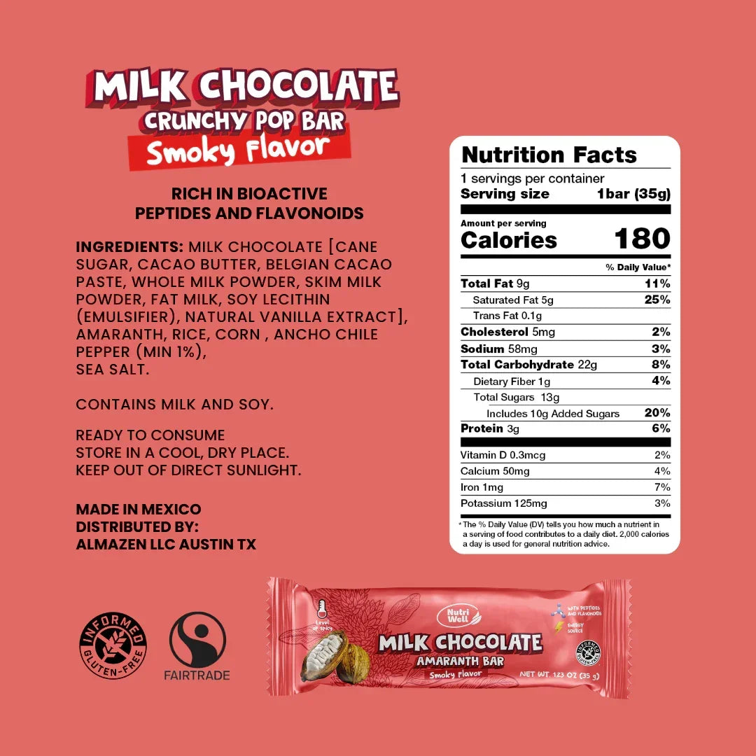 Nutriwell Milk Chocolate Crunchy Pop Bar packaging with amaranth, nutrition facts, gluten free, Fairtrade.